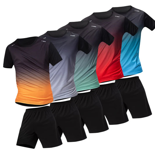2/4 Pcs Summer Men's Gradient Color Short Sleeved Shorts Sports Suit For Teenagers Casual Running And Fitness Round Neck T-shirt